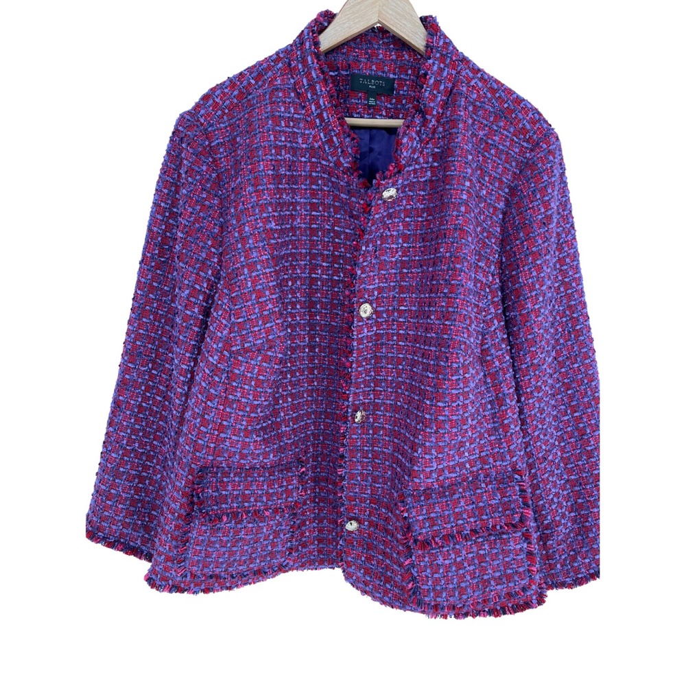 TALBOTS Tweed Blazer Women 24W Purple Pink Red Textured Fringed Trim Jacket